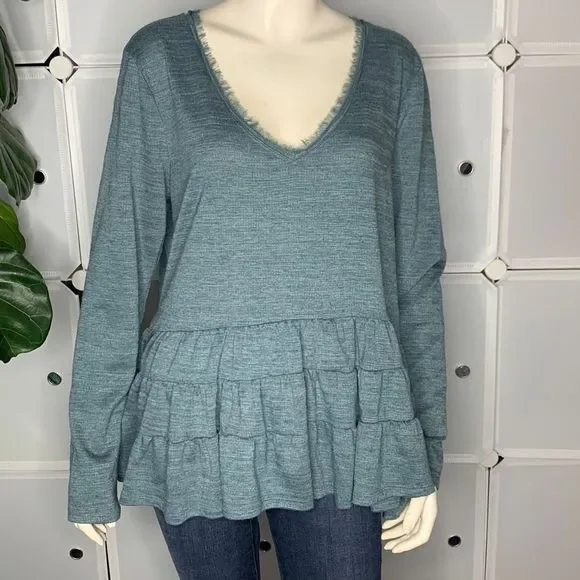 Anthropologie Deletta Teal Thea Tiered Ruffle Top Size Large - Picture 2 of 10